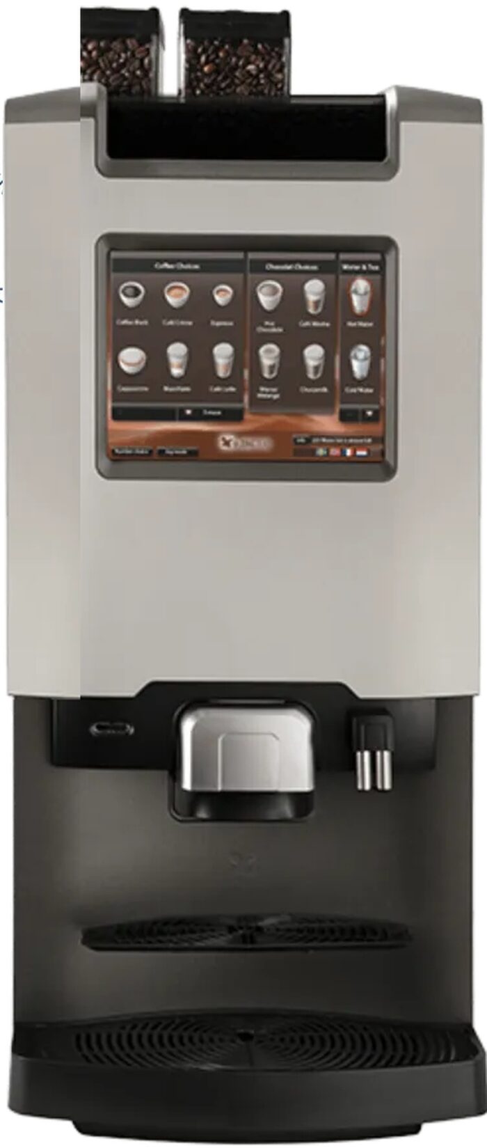 A countertop bean-to-cup office coffee machine with twin bean hoppers and a touch-screen drink menu.