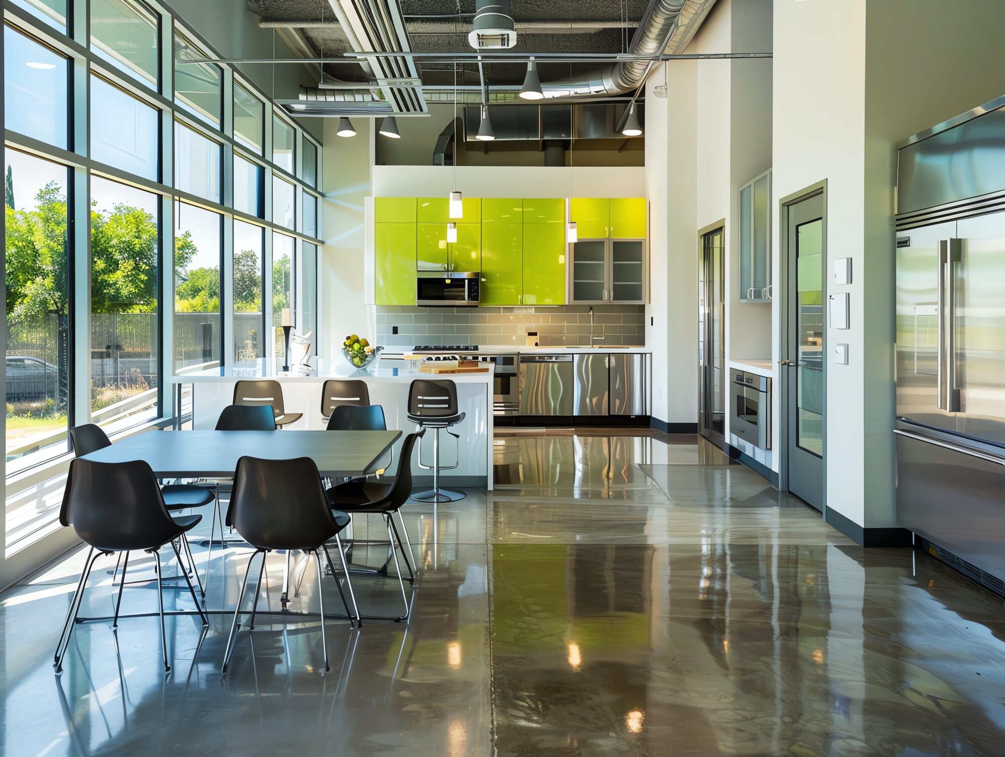 A bright corporate break room with floor-to-ceiling windows, a long shared table, bar seating and a full kitchen along the back wall.
